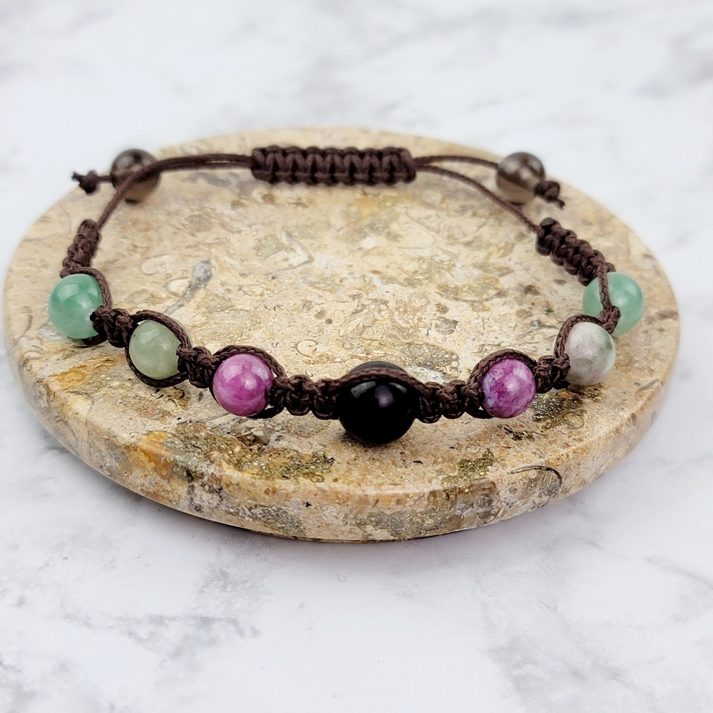 Custom Macarme Bracelet Shungite Ruby Green Green Jade Aventurine Smoky Quartz